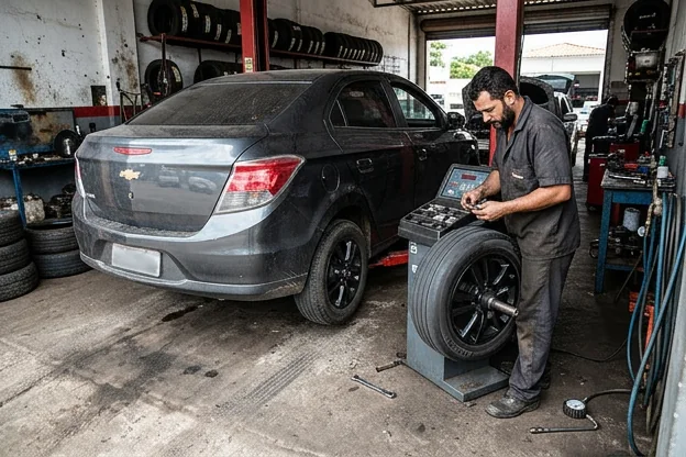 Balanceamento de rodas sendo realizado em um veículo na borracharia.
