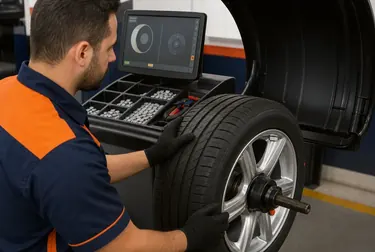 Equipamento de balanceamento de rodas em funcionamento na borracharia.
