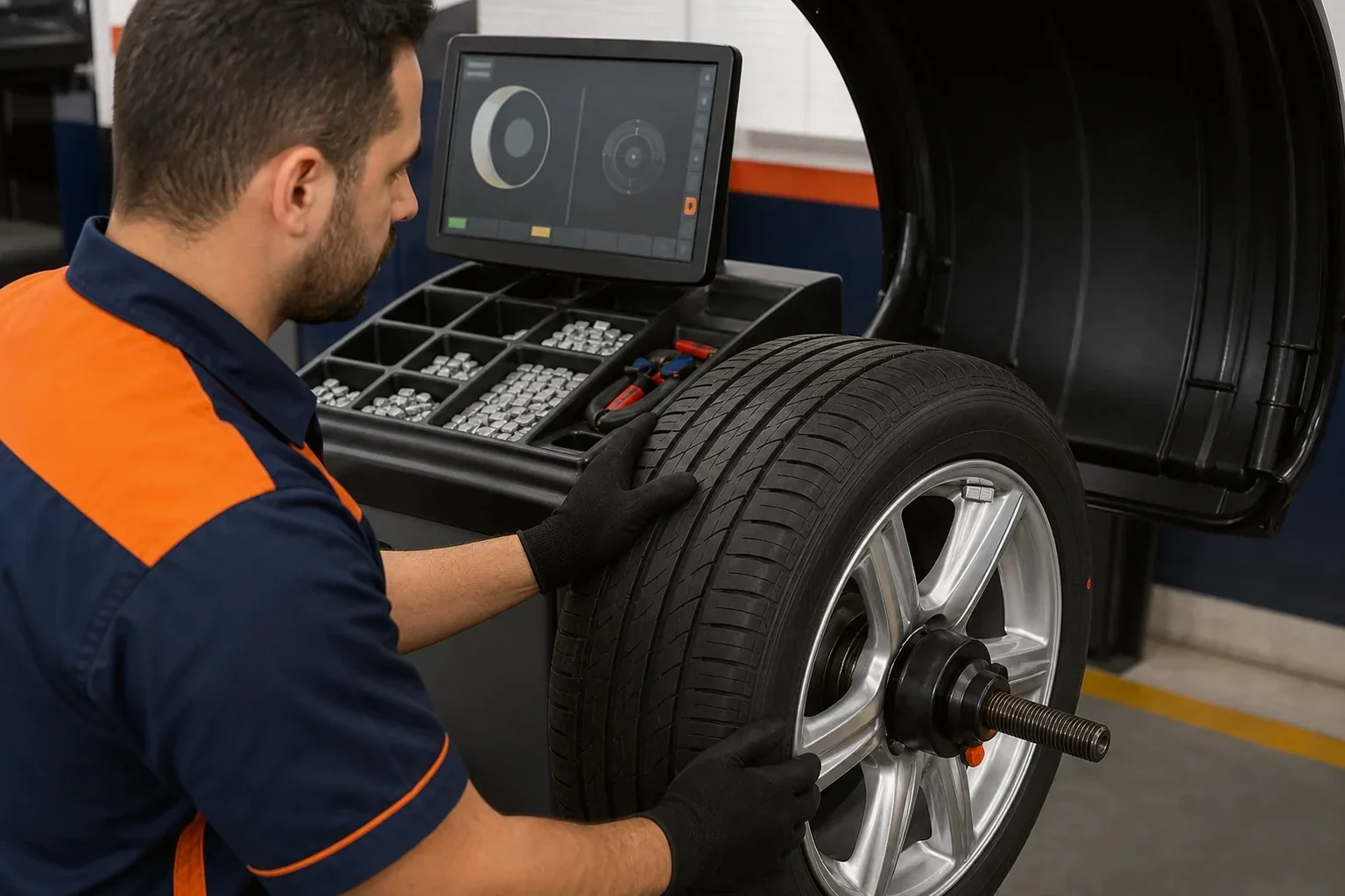 Equipamento de balanceamento de rodas em funcionamento na borracharia.