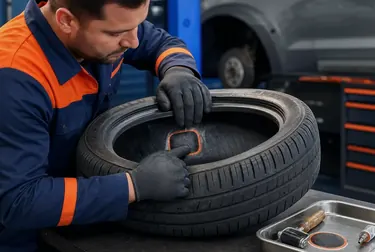 Mecânico consertando um pneu em uma borracharia.