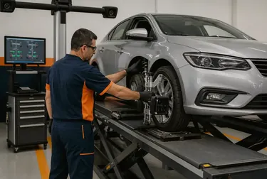 Técnico ajustando as rodas de um carro para alinhamento.