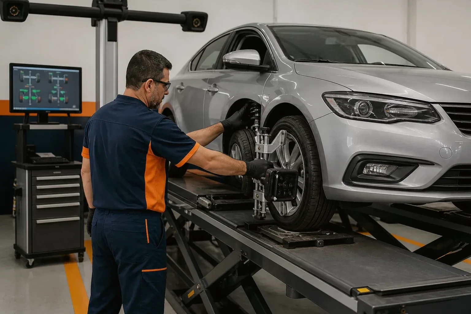 Técnico ajustando as rodas de um carro para alinhamento.
