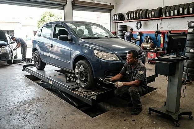 Técnico ajustando o alinhamento das rodas de um veículo.