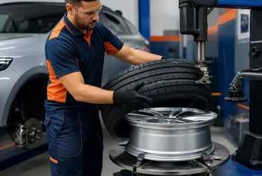 Técnico efetuando a troca de pneus de um carro.