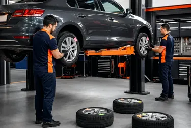 Técnico realizando rodízio de pneus de um veículo.