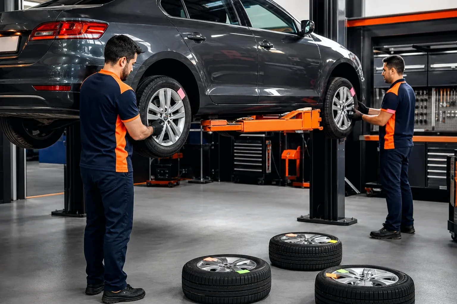 Técnico realizando rodízio de pneus de um veículo.